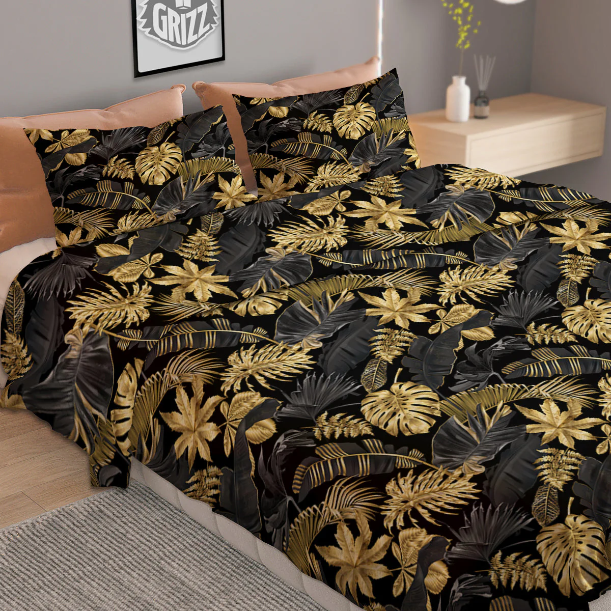Tropical Gold And Black Print Pattern Duvet Cover Bedding Set - Image 2