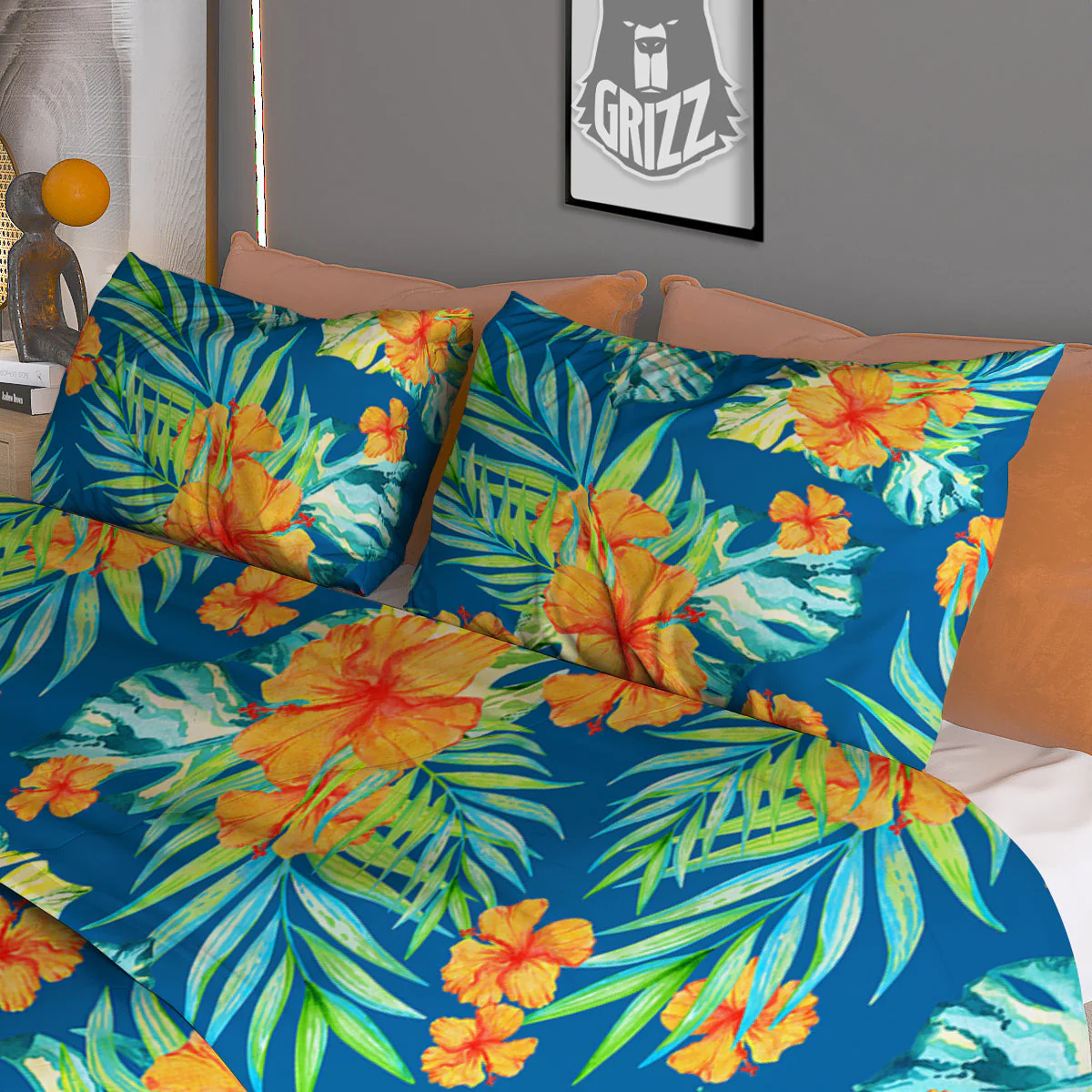 Tropical Hawaiian Blue Orange Print Pattern Duvet Cover Bedding Set - Image 3