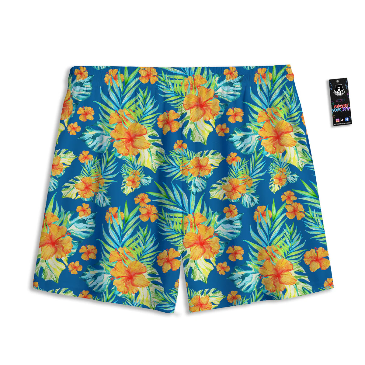 Tropical Hawaiian Blue Orange Print Pattern Mesh Shorts - Image 2