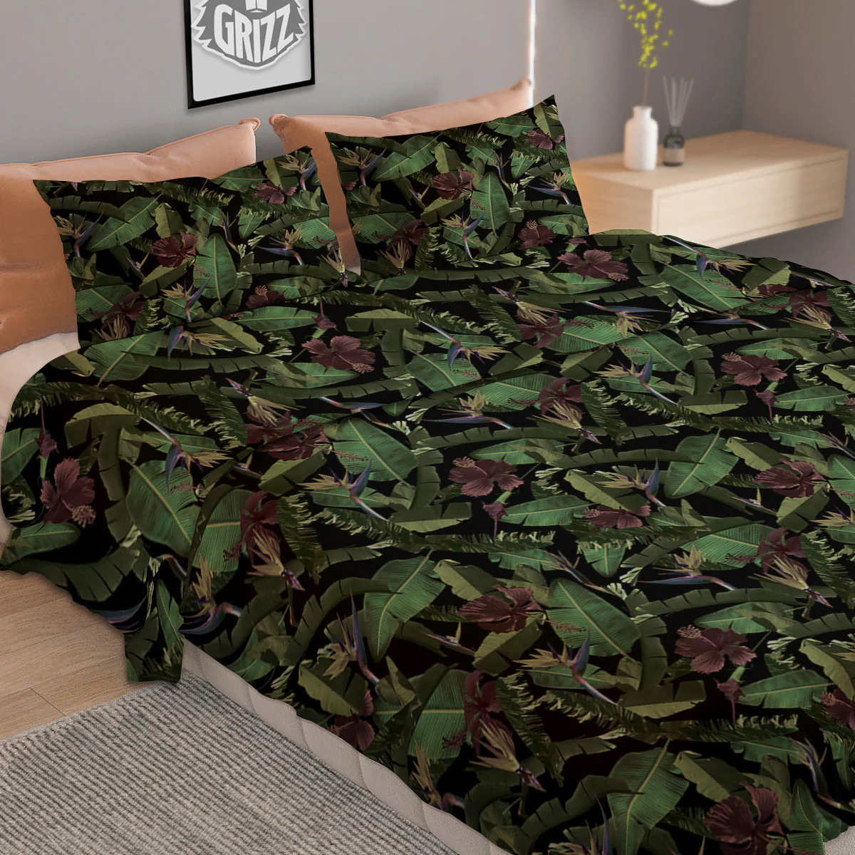 Tropical Hawaiian Dark Print Pattern Duvet Cover Bedding Set - Image 2
