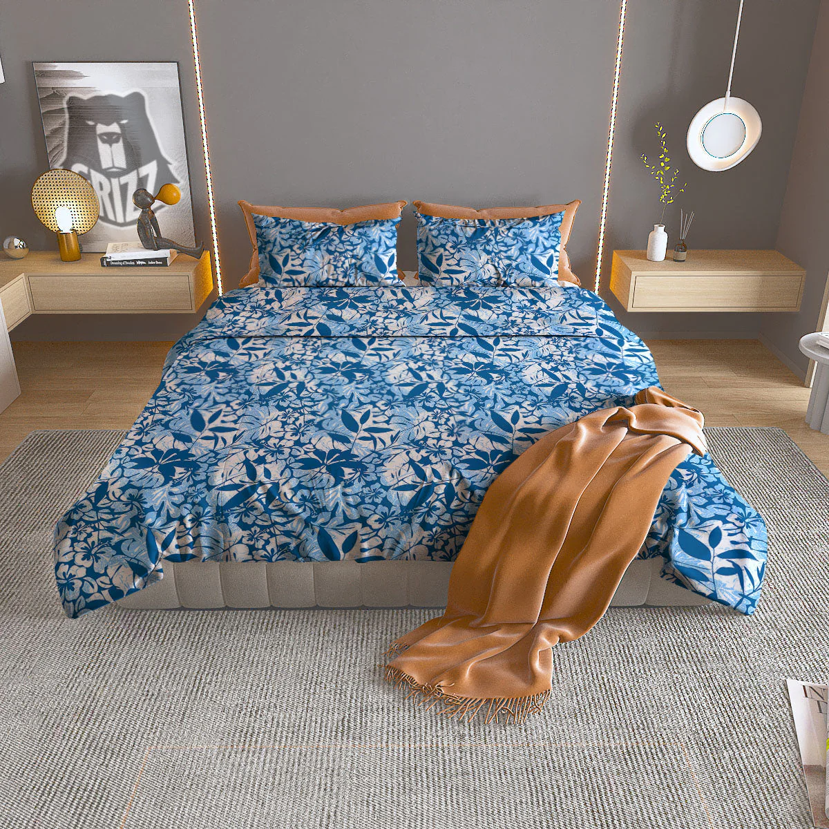 Tropical Hibiscus Blue Print Pattern Duvet Cover Bedding Set