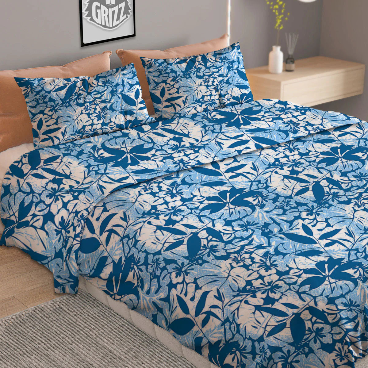 Tropical Hibiscus Blue Print Pattern Duvet Cover Bedding Set - Image 2