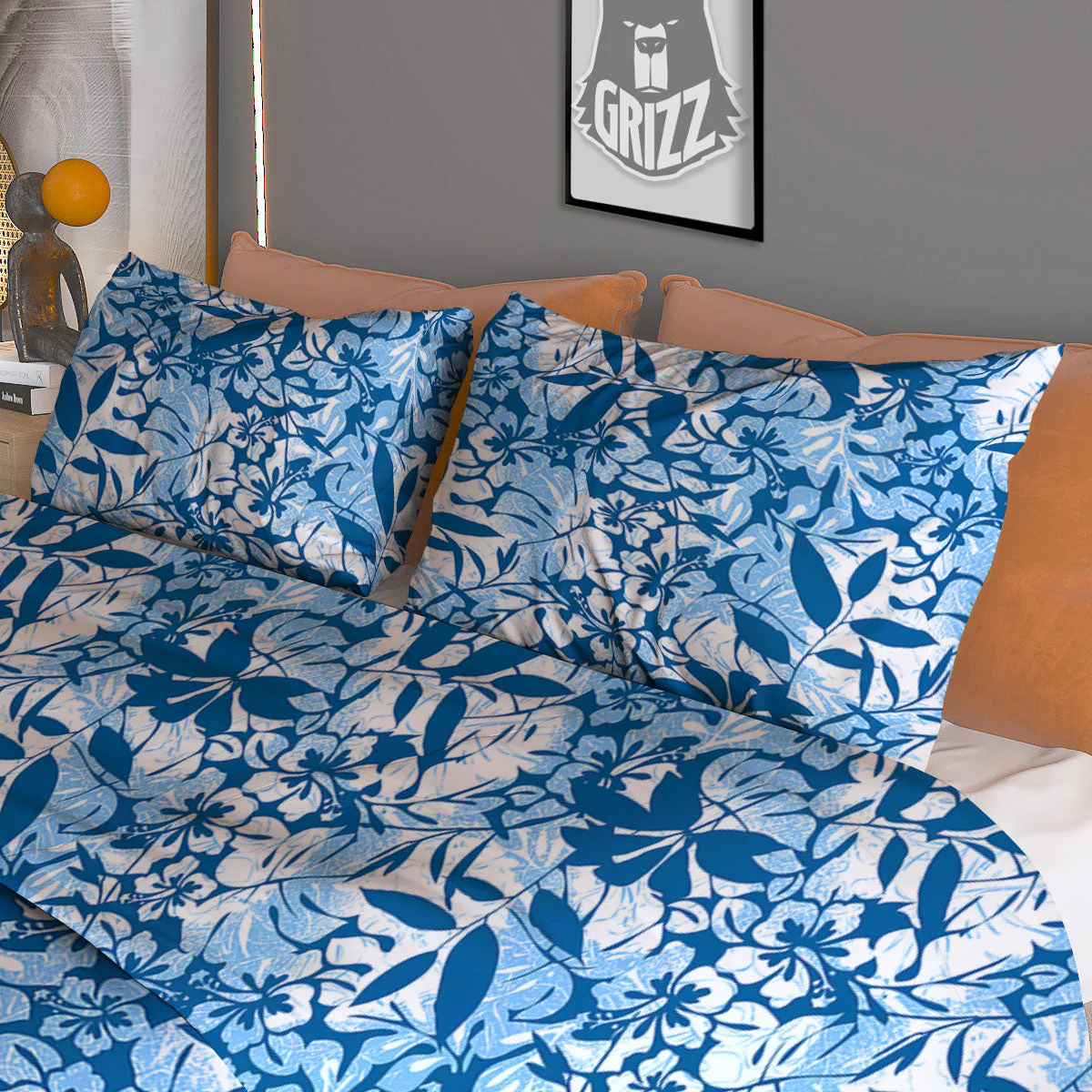 Tropical Hibiscus Blue Print Pattern Duvet Cover Bedding Set - Image 3
