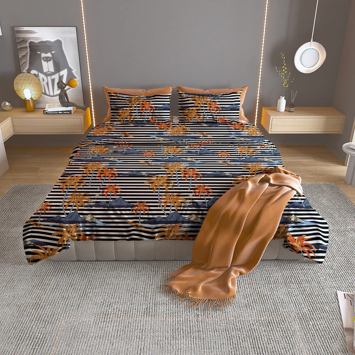 Tropical Island And Stripes Print Pattern Duvet Cover Bedding Set