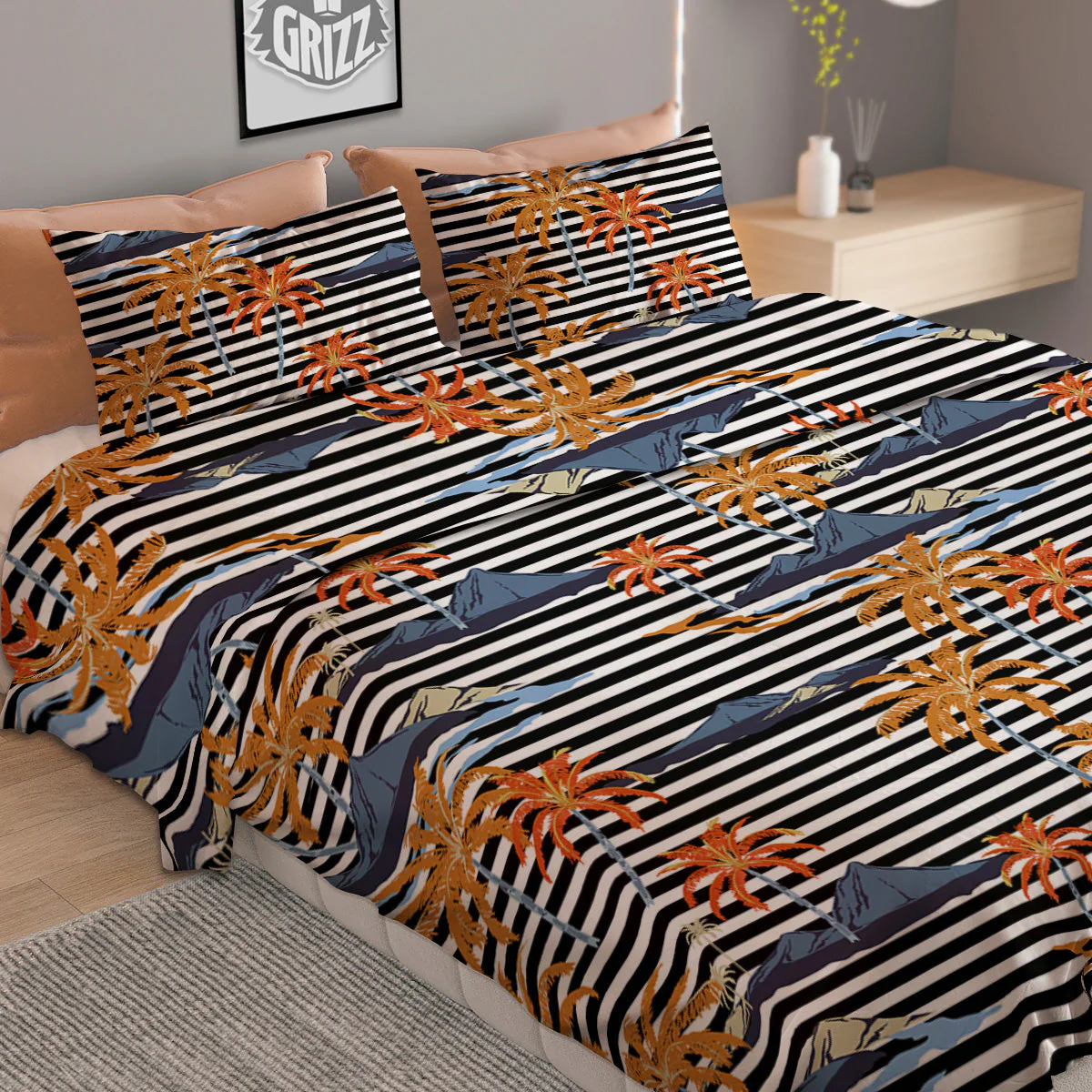 Tropical Island And Stripes Print Pattern Duvet Cover Bedding Set - Image 2