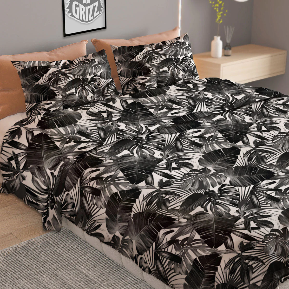 Tropical Leaf Black White Print Pattern Duvet Cover Bedding Set - Image 2