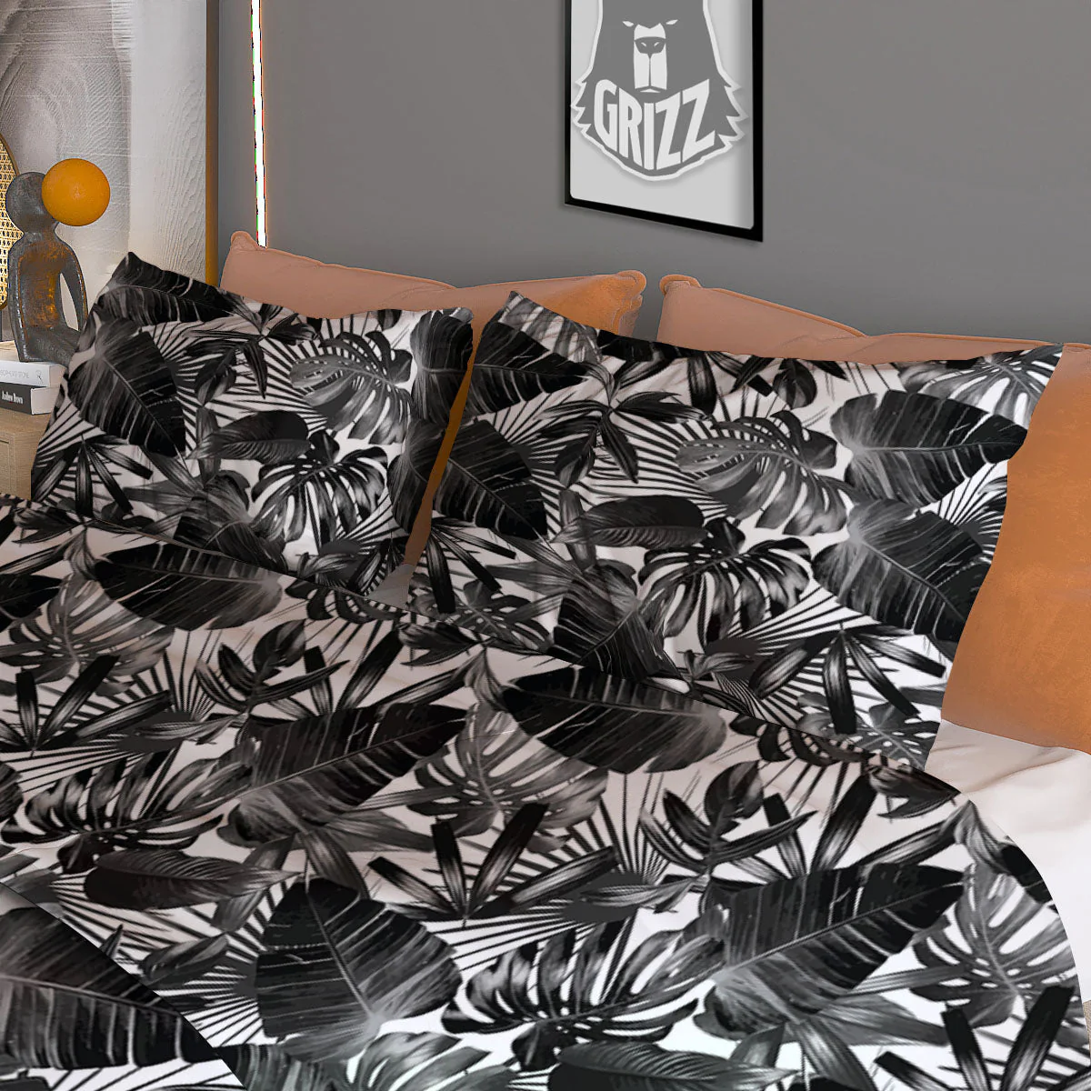 Tropical Leaf Black White Print Pattern Duvet Cover Bedding Set - Image 3