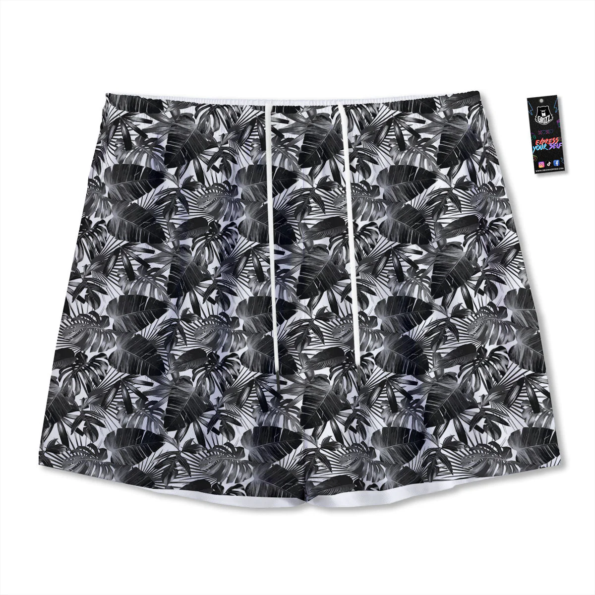Tropical Leaf Black White Print Pattern Mesh Shorts