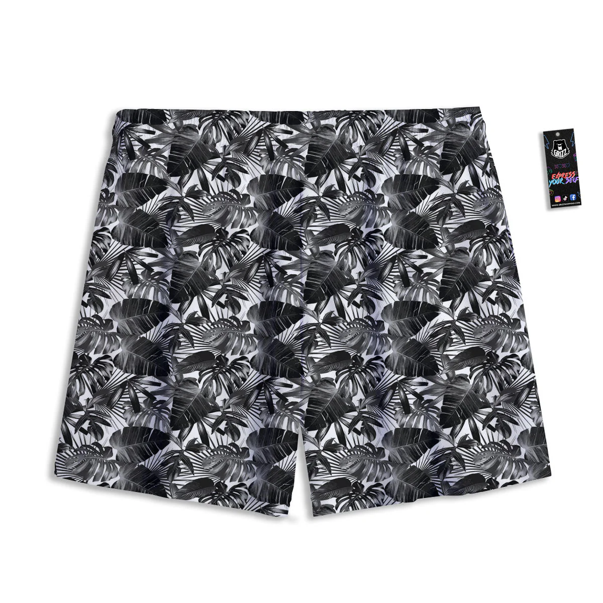 Tropical Leaf Black White Print Pattern Mesh Shorts - Image 2