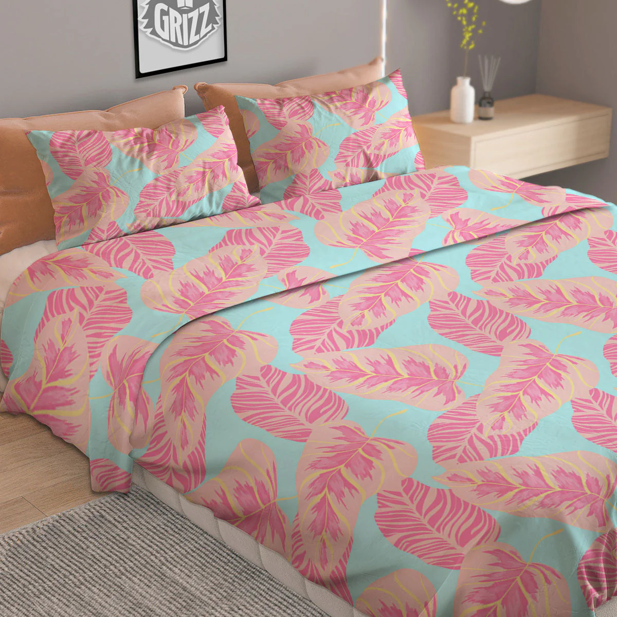 Tropical Leaf Pink And Teal Print Pattern Duvet Cover Bedding Set - Image 2