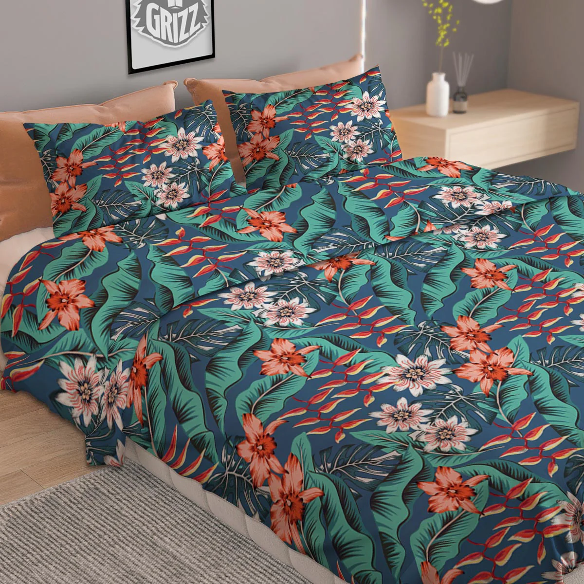 Tropical Leaf Teal Print Pattern Duvet Cover Bedding Set - Image 2