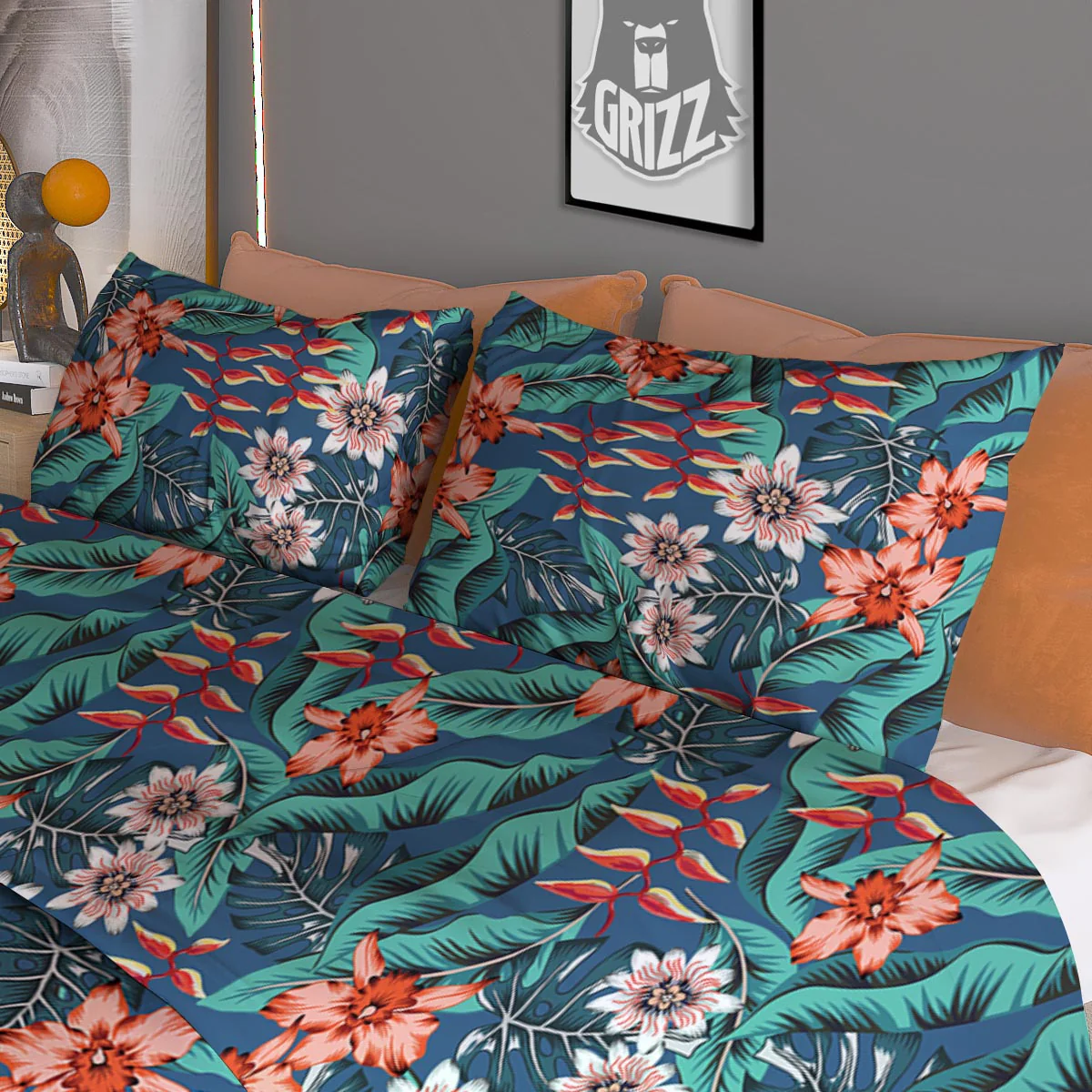 Tropical Leaf Teal Print Pattern Duvet Cover Bedding Set - Image 3