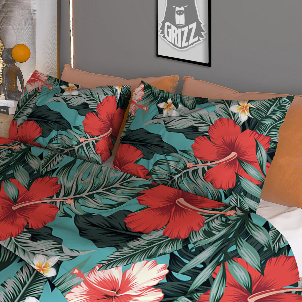Tropical Leaf Turquoise Print Pattern Duvet Cover Bedding Set - Image 3