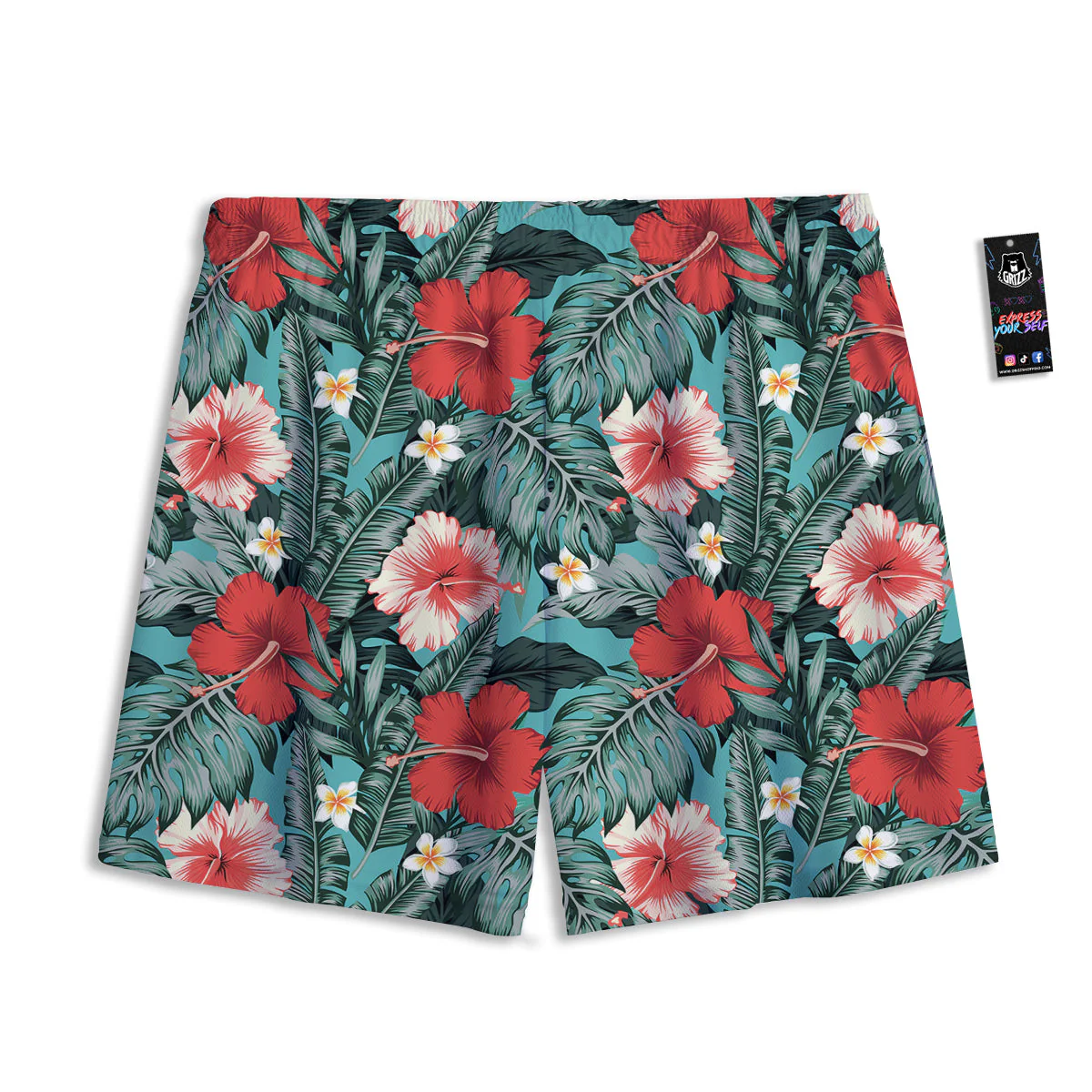 Tropical Leaf Turquoise Print Pattern Mesh Shorts - Image 2