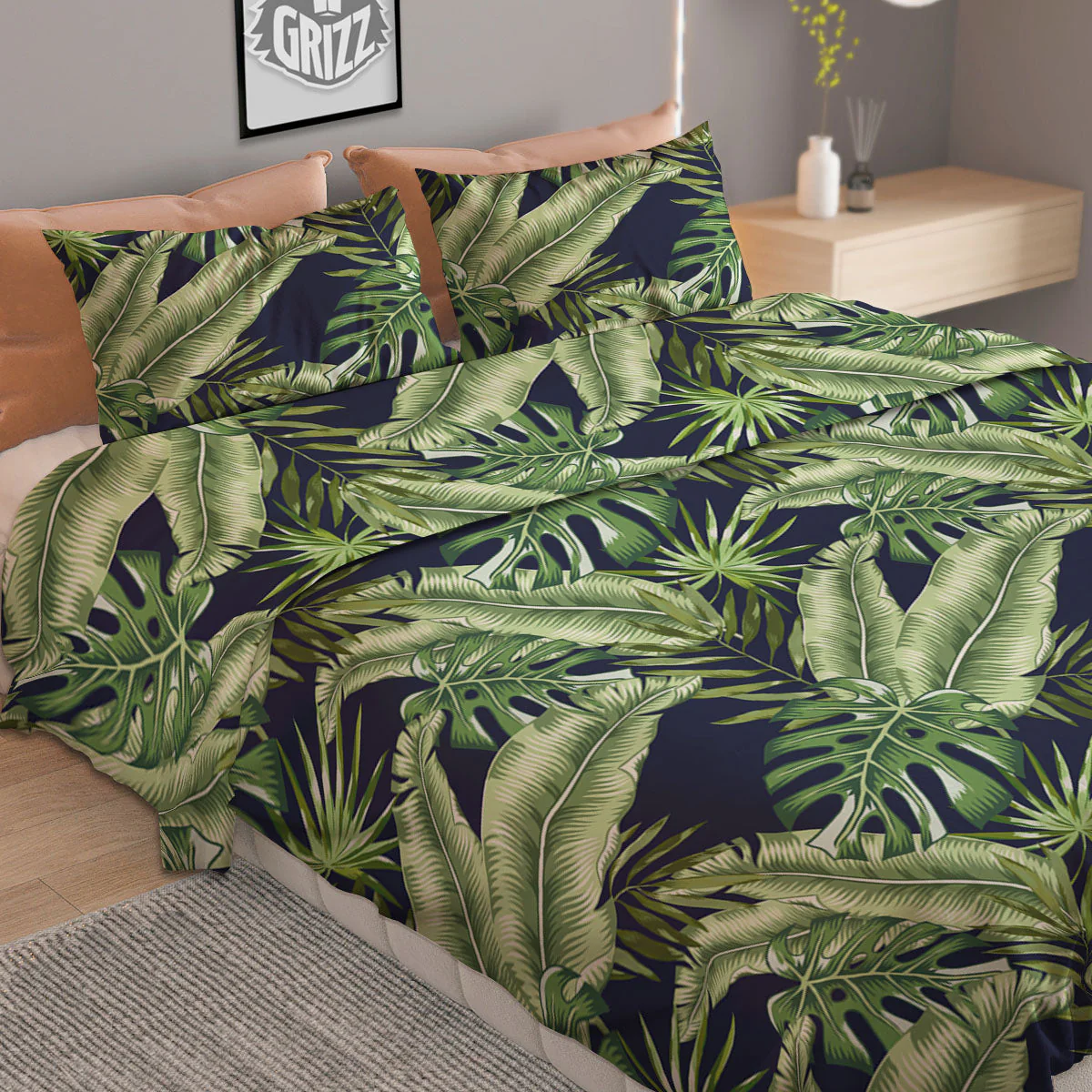 Tropical Leaves Blue Print Duvet Cover Bedding Set - Image 2
