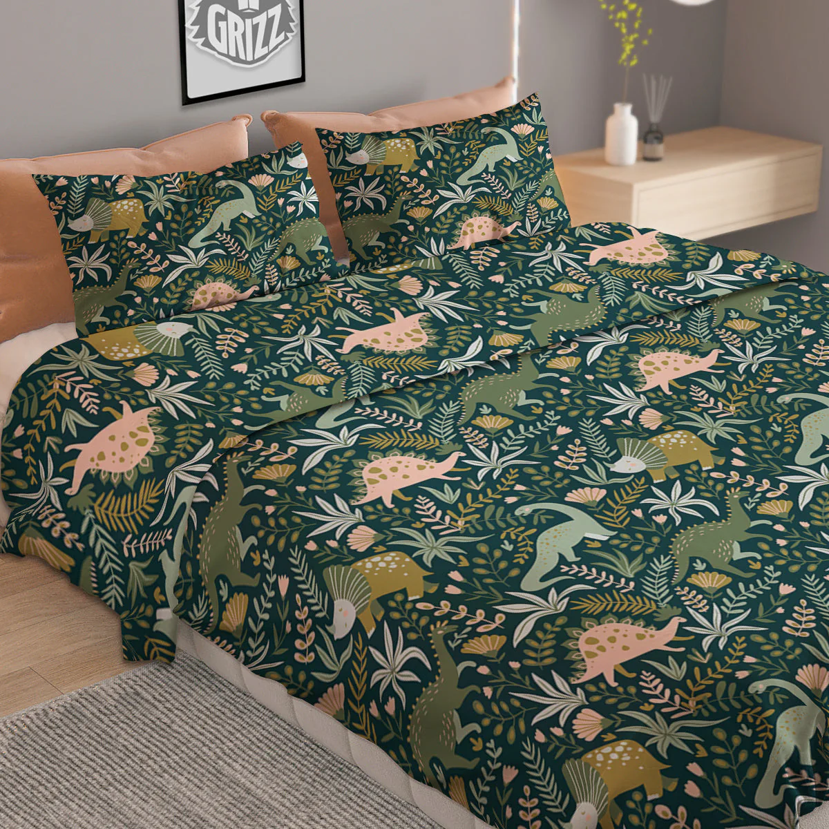 Tropical Leaves Cute Dino Print Pattern Duvet Cover Bedding Set - Image 2