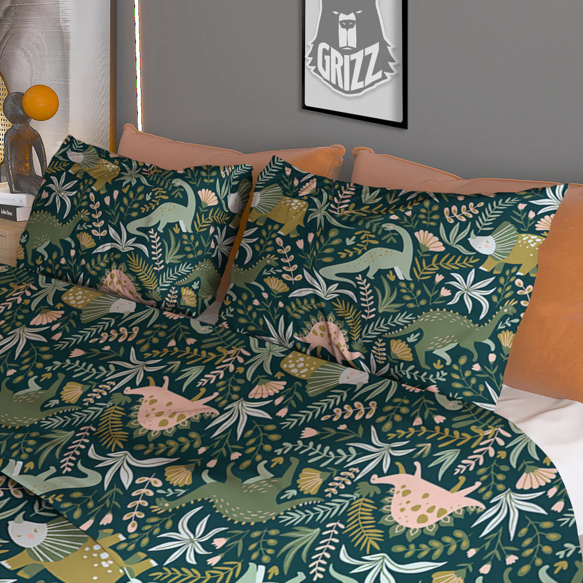 Tropical Leaves Cute Dino Print Pattern Duvet Cover Bedding Set - Image 3