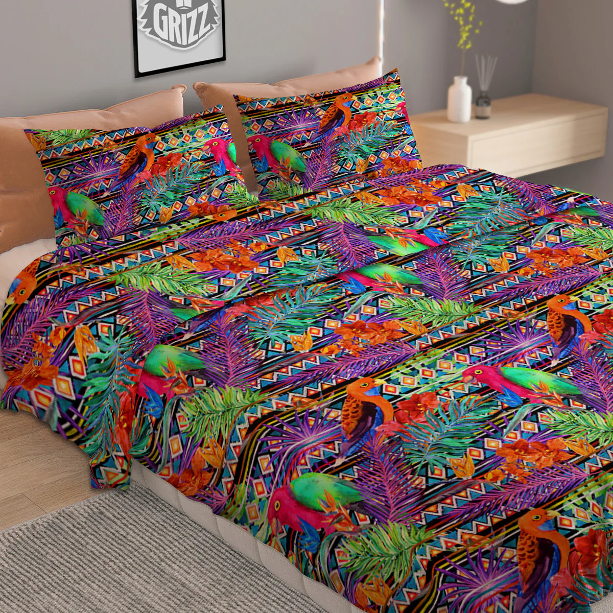 Tropical Leaves Exotic Bird Aztec Print Pattern Duvet Cover Bedding Set - Image 2