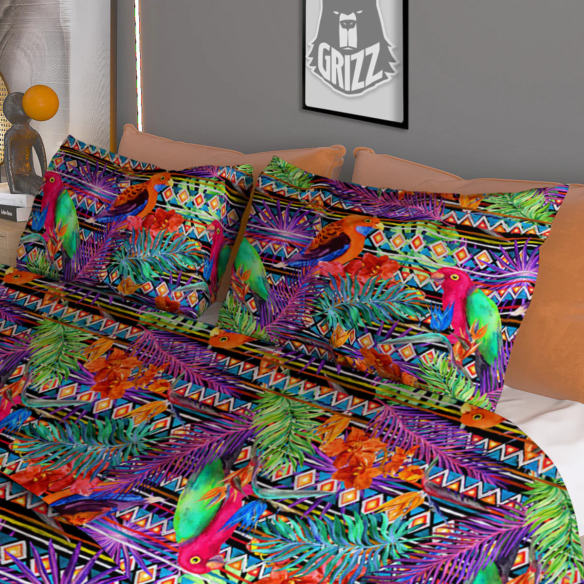Tropical Leaves Exotic Bird Aztec Print Pattern Duvet Cover Bedding Set - Image 3