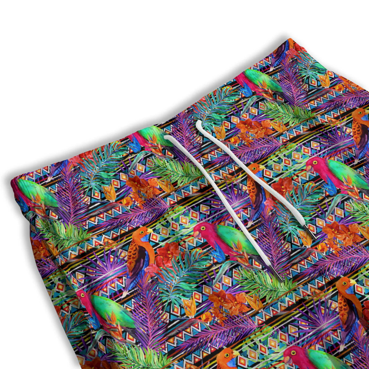 Tropical Leaves Exotic Bird Aztec Print Pattern Men's Athletic Shorts - Image 3