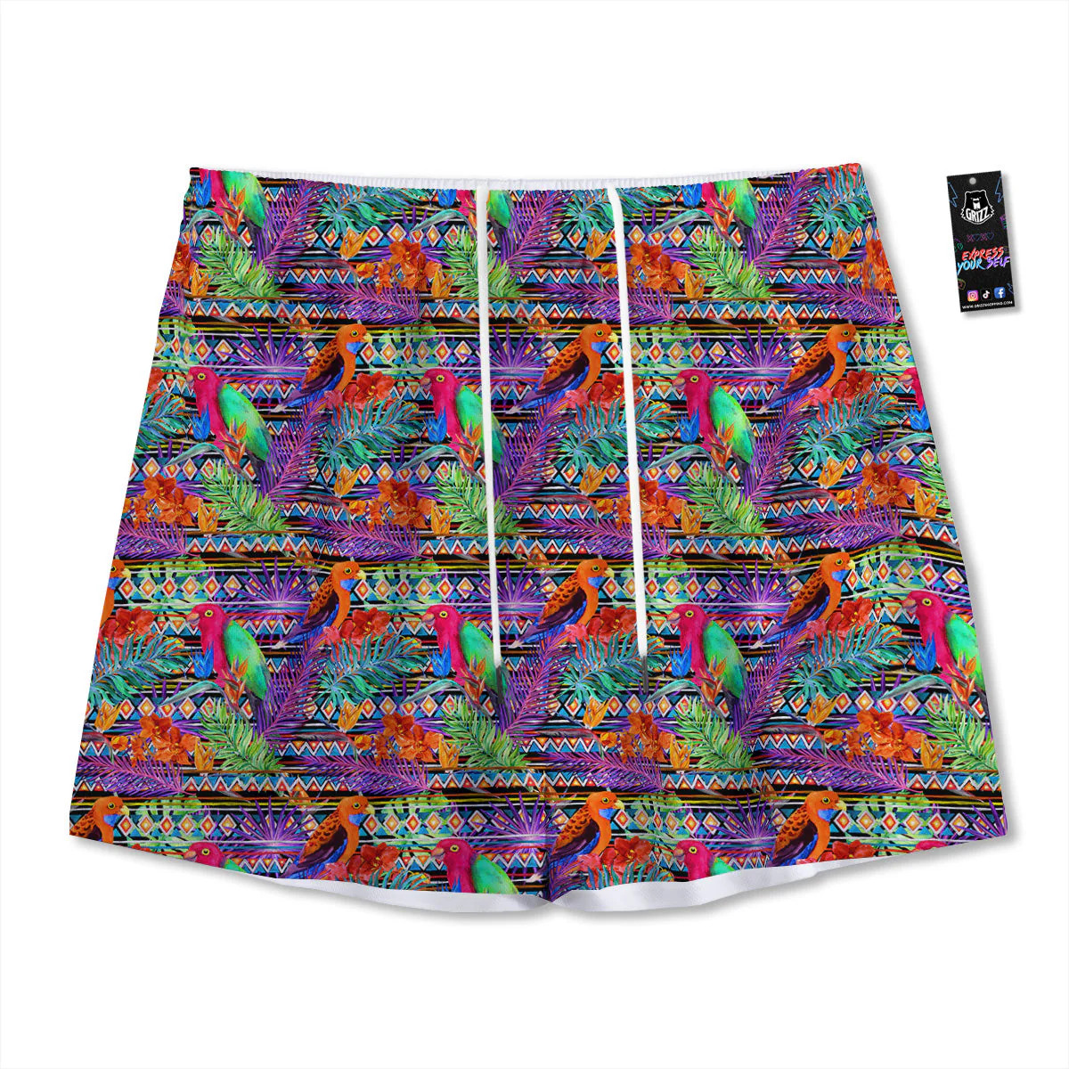 Tropical Leaves Exotic Bird Aztec Print Pattern Mesh Shorts