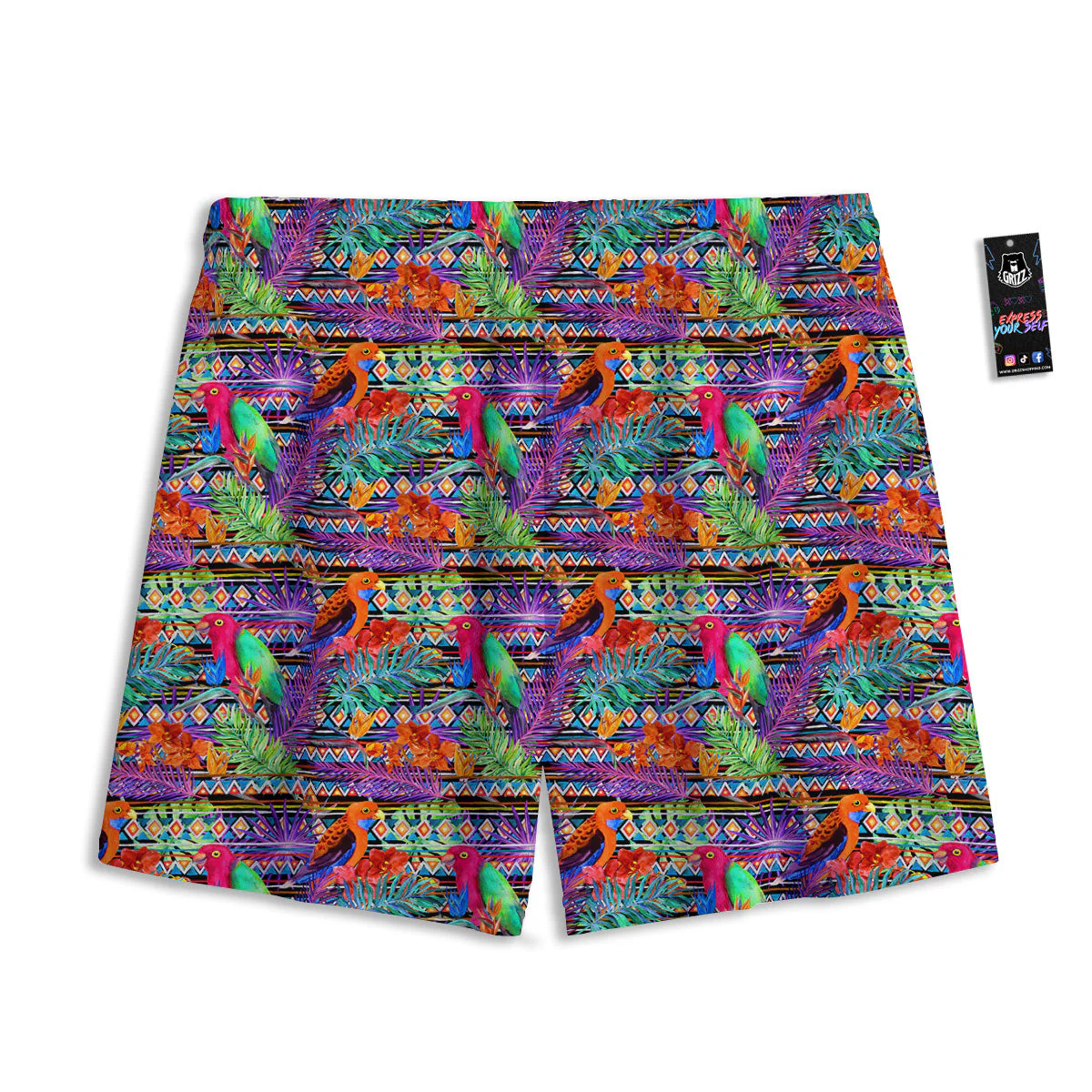 Tropical Leaves Exotic Bird Aztec Print Pattern Mesh Shorts - Image 2