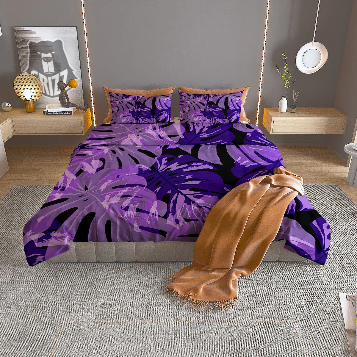 Tropical Leaves Purple Print Duvet Cover Bedding Set