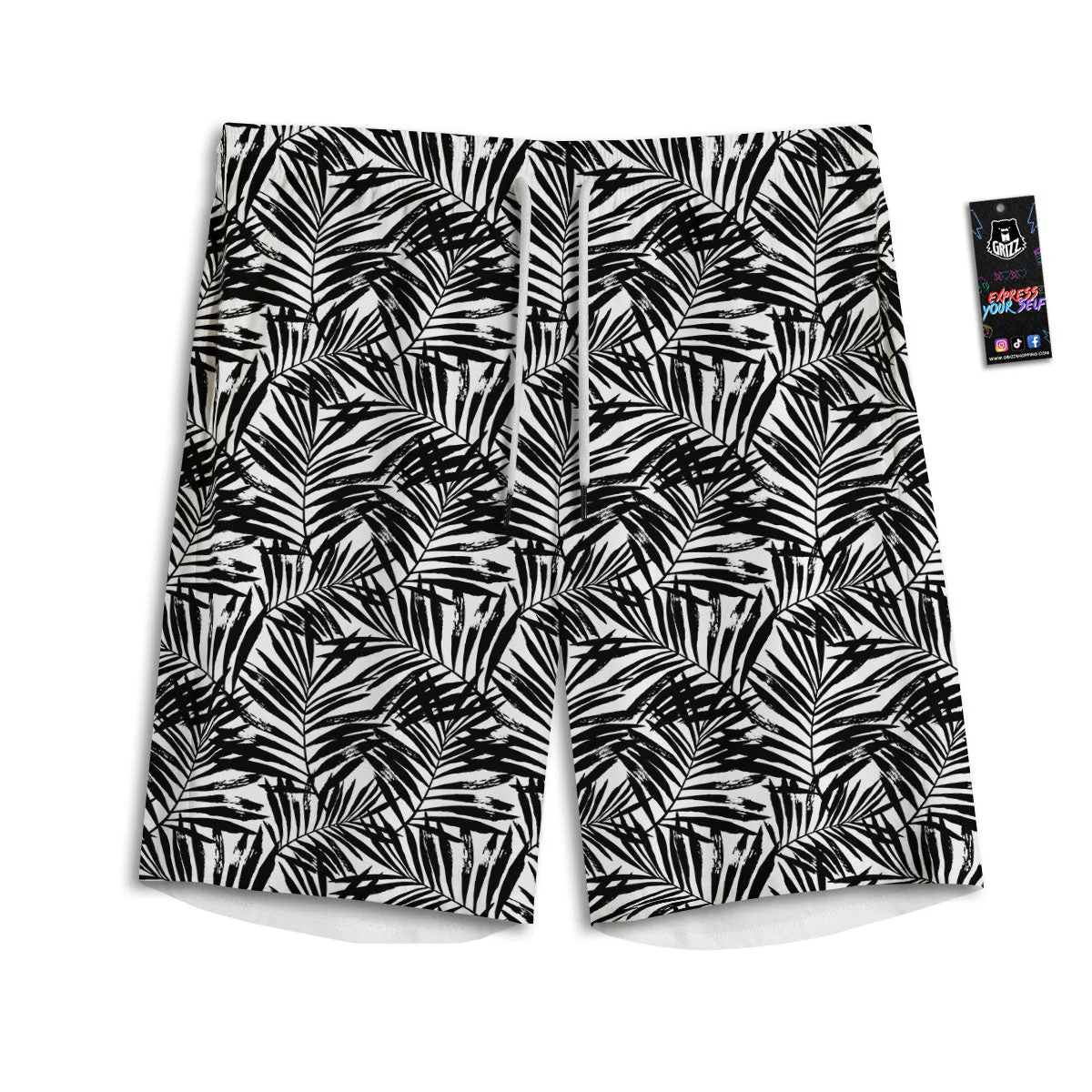 Tropical Palm Leaf White And Black Print Men's Athletic Shorts