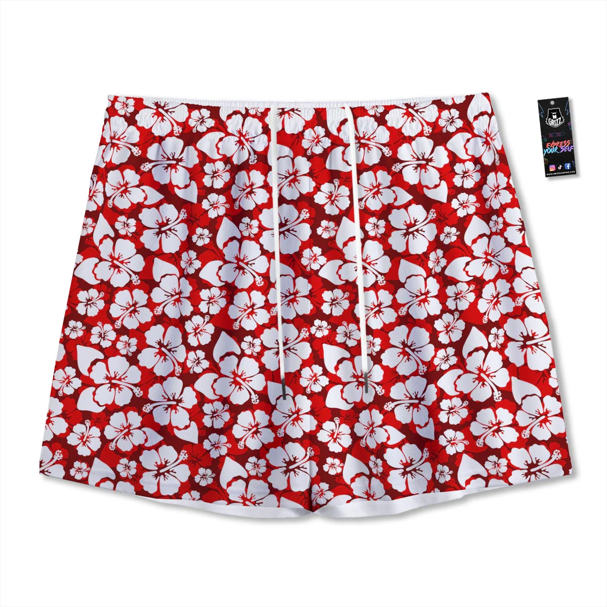 Tropical Red Hawaiian Print Pattern Mesh Shorts
