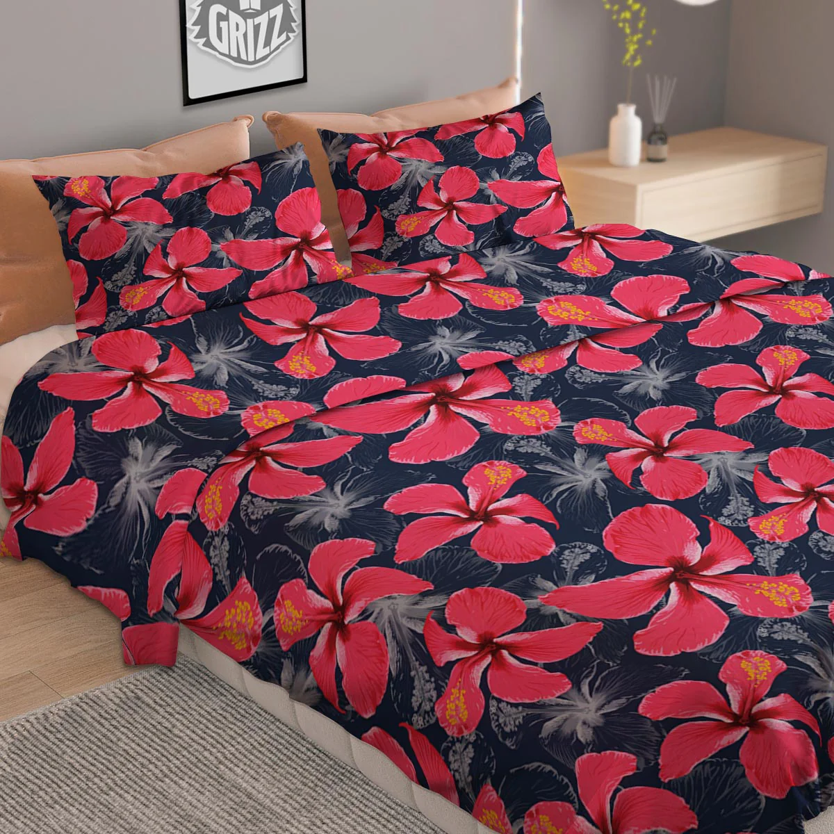 Tropical Red Hibiscus Print Pattern Duvet Cover Bedding Set - Image 2