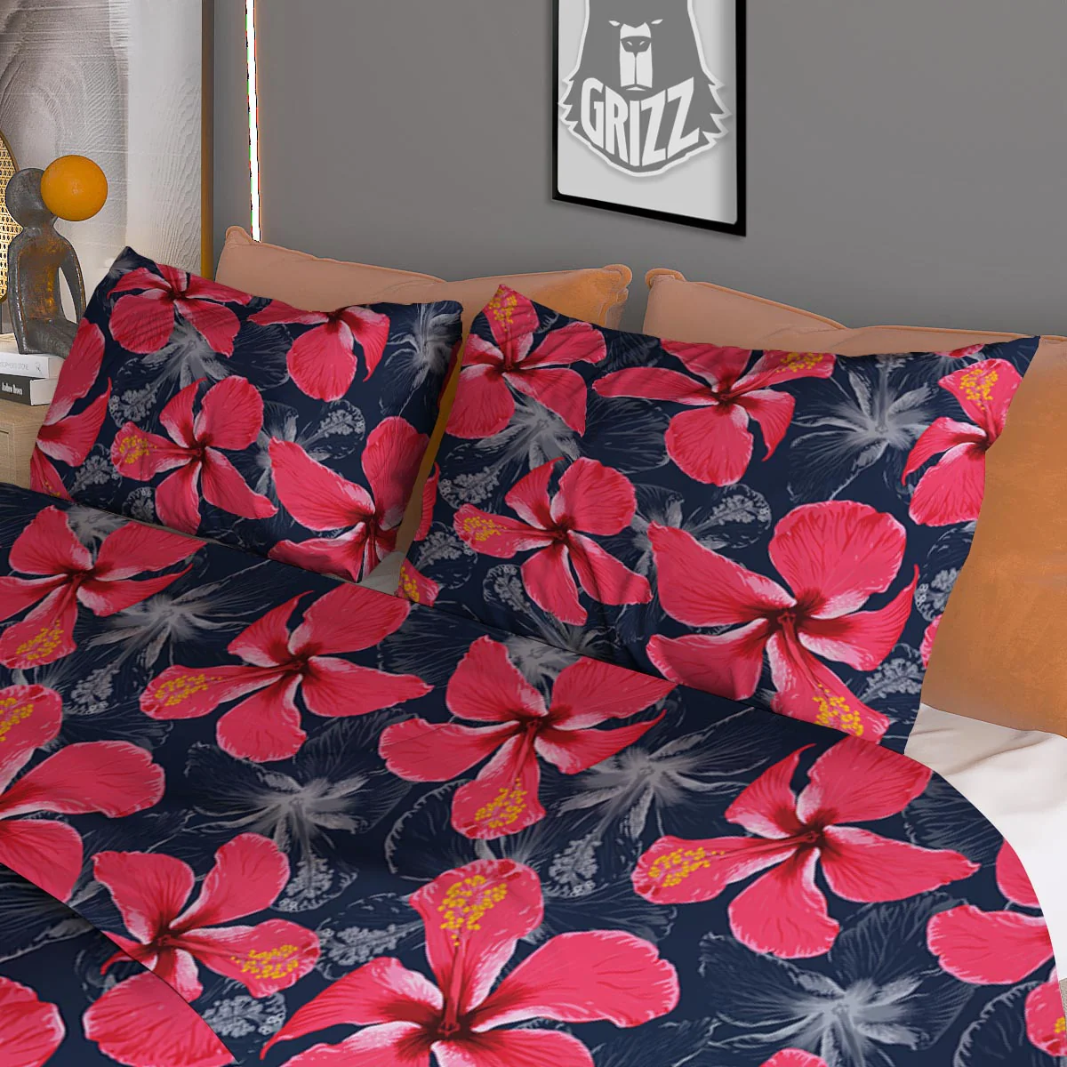 Tropical Red Hibiscus Print Pattern Duvet Cover Bedding Set - Image 3