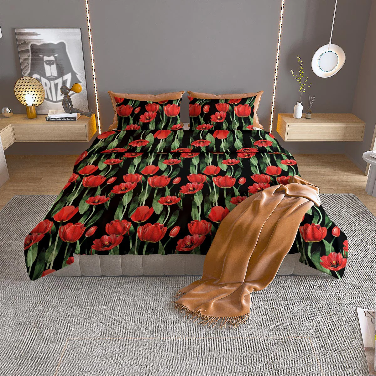 Tulip Red Watercolor Print Pattern Duvet Cover Bedding Set