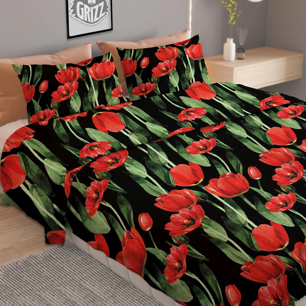 Tulip Red Watercolor Print Pattern Duvet Cover Bedding Set - Image 2