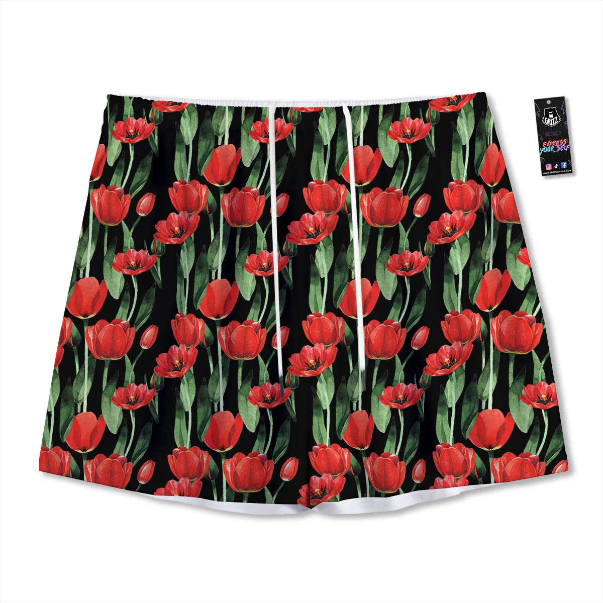 Tulip Red Watercolor Print Pattern Mesh Shorts