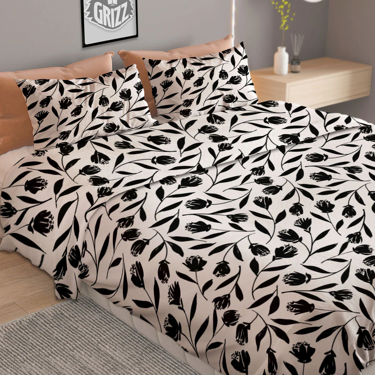 Tulip White And Black Print Pattern Duvet Cover Bedding Set - Image 2