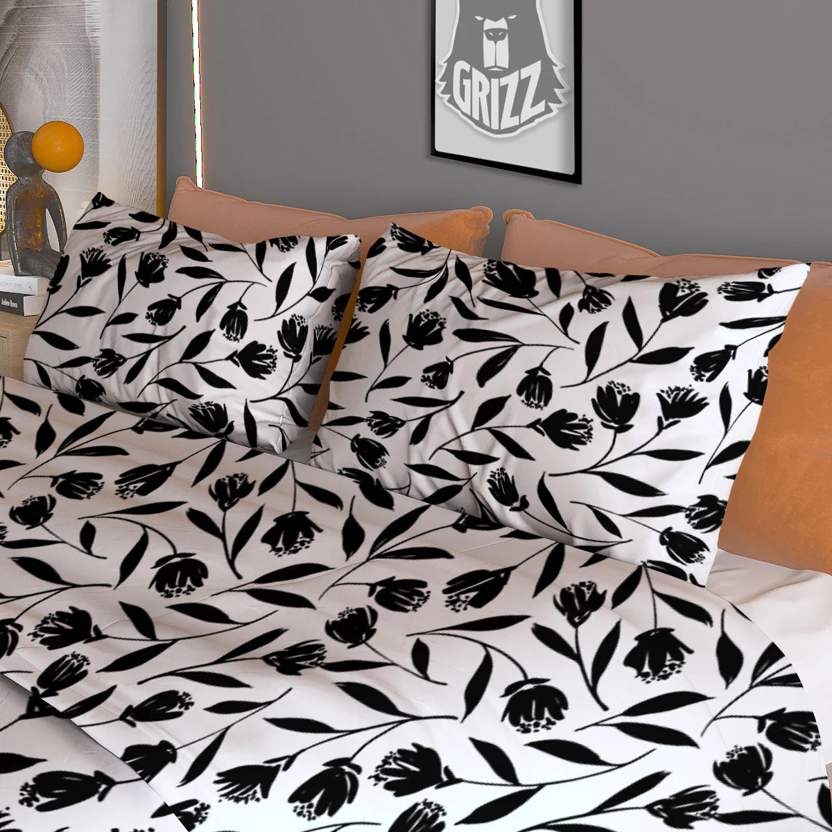 Tulip White And Black Print Pattern Duvet Cover Bedding Set - Image 3