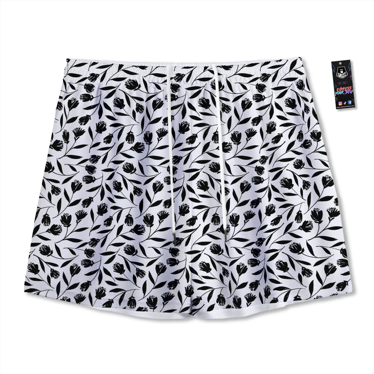 Tulip White And Black Print Pattern Mesh Shorts