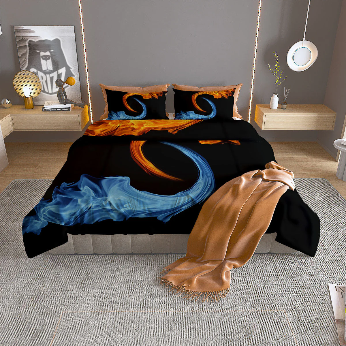 Twin Flame Blue And Red Print Duvet Cover Bedding Set
