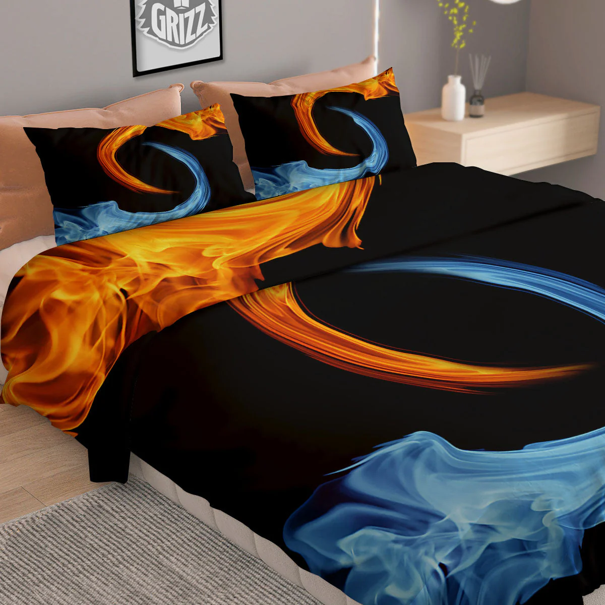 Twin Flame Blue And Red Print Duvet Cover Bedding Set - Image 2