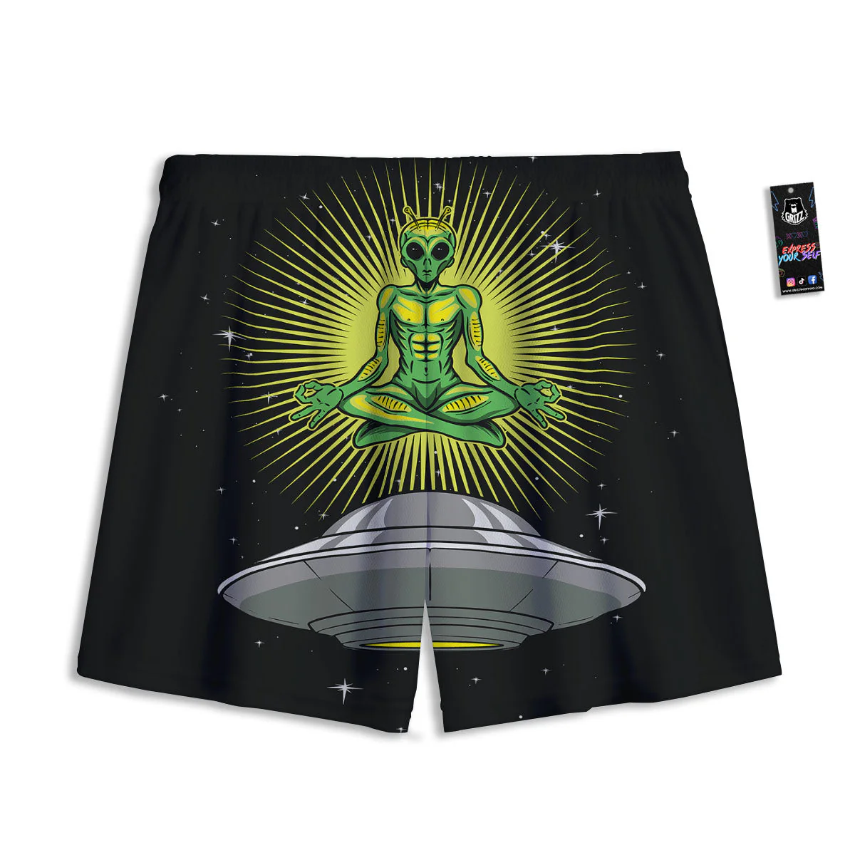 UFO Space Green Alien Print Mesh Shorts - Image 2