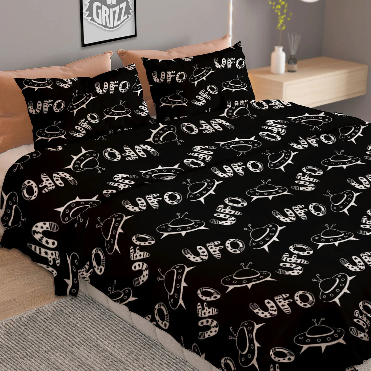 UFO White And Black Print Pattern Duvet Cover Bedding Set - Image 2