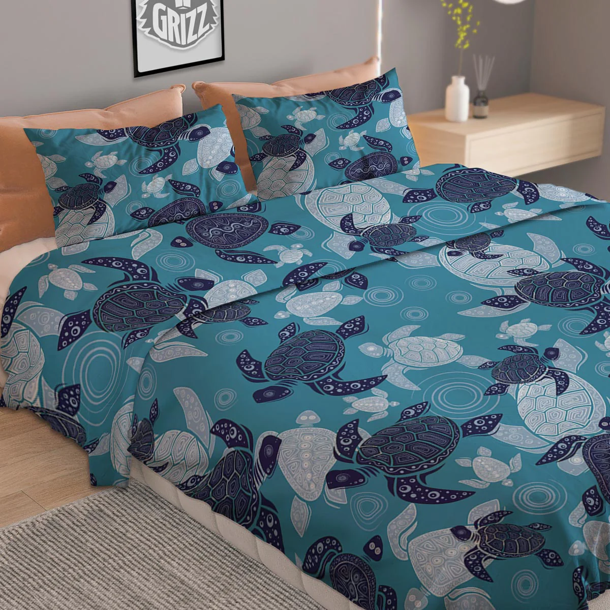 Underwater Sea Turtle Family Print Pattern Duvet Cover Bedding Set - Image 2