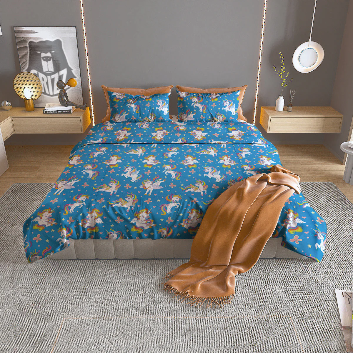 Unicorn Blue Rainbow Print Pattern Duvet Cover Bedding Set