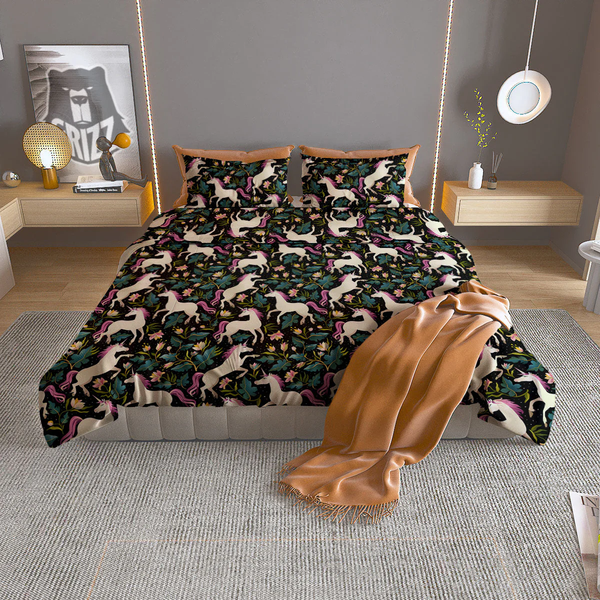 Unicorn Floral Print Pattern Duvet Cover Bedding Set