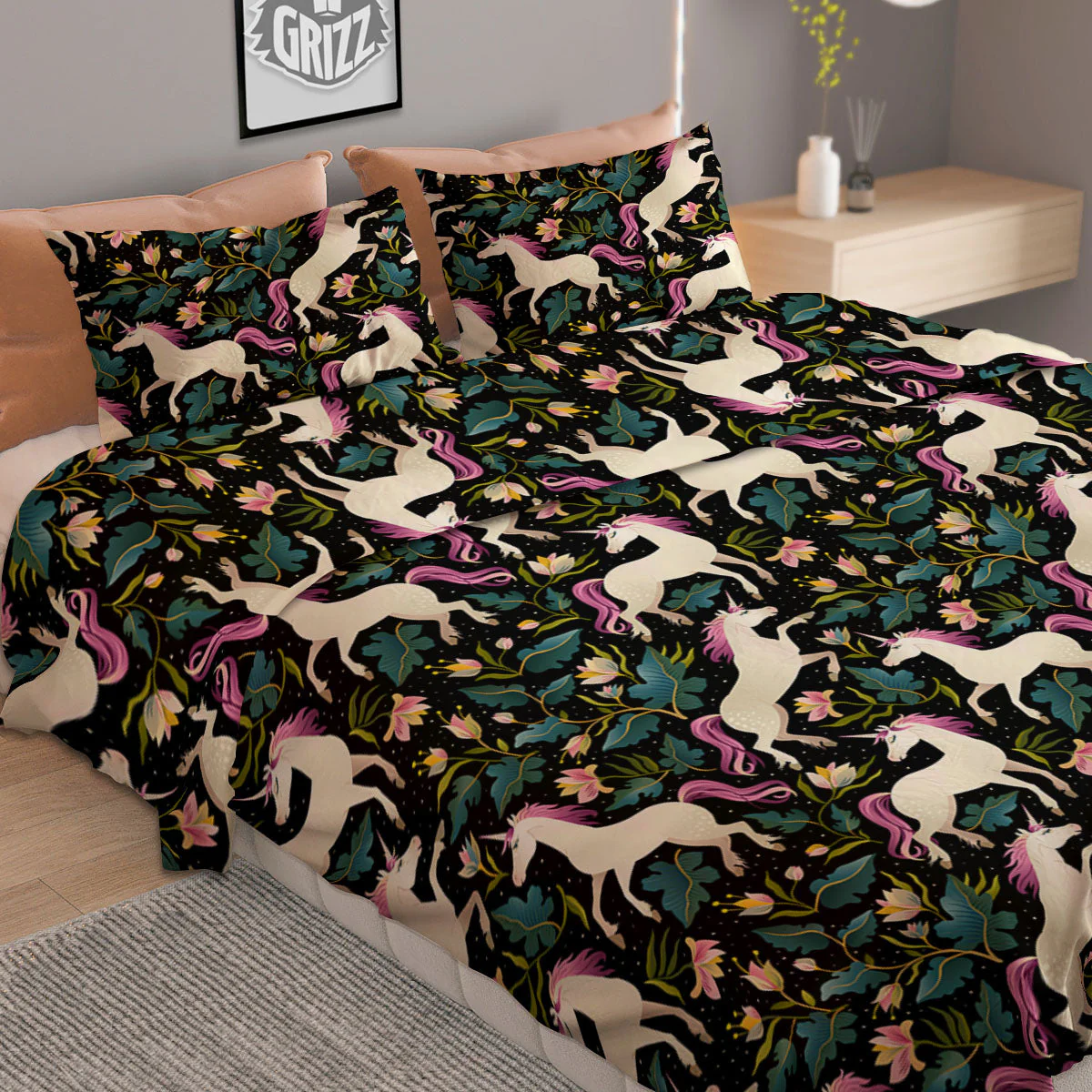 Unicorn Floral Print Pattern Duvet Cover Bedding Set - Image 2