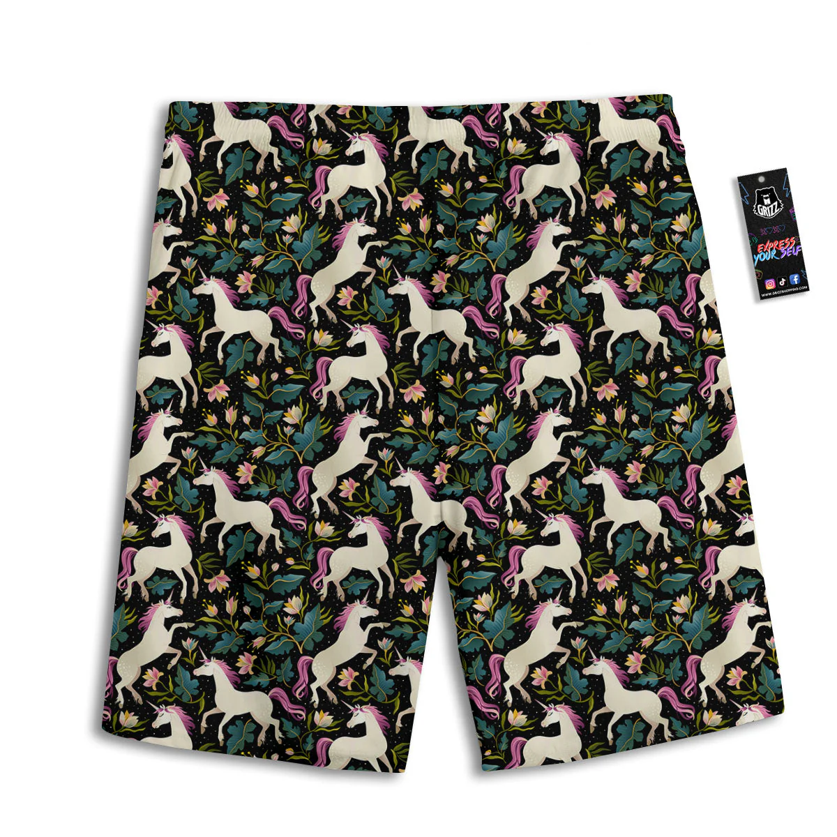 Unicorn Floral Print Pattern Men's Athletic Shorts - Image 2