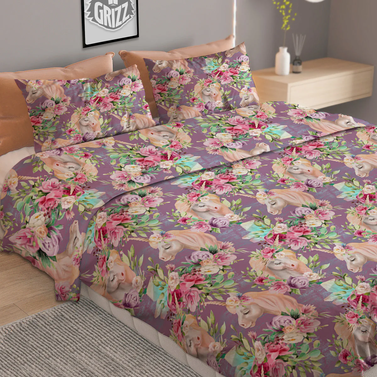 Unicorn Magic Floral Print Pattern Duvet Cover Bedding Set - Image 2