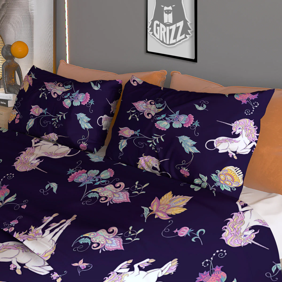 Unicorn Night Floral Print Pattern Duvet Cover Bedding Set - Image 3