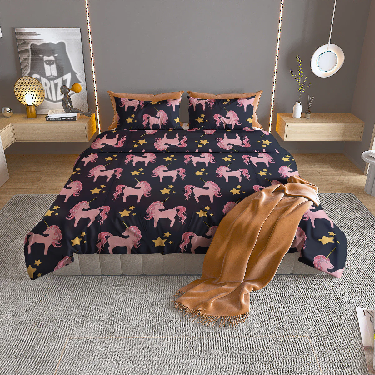 Unicorn Night Star Print Pattern Duvet Cover Bedding Set