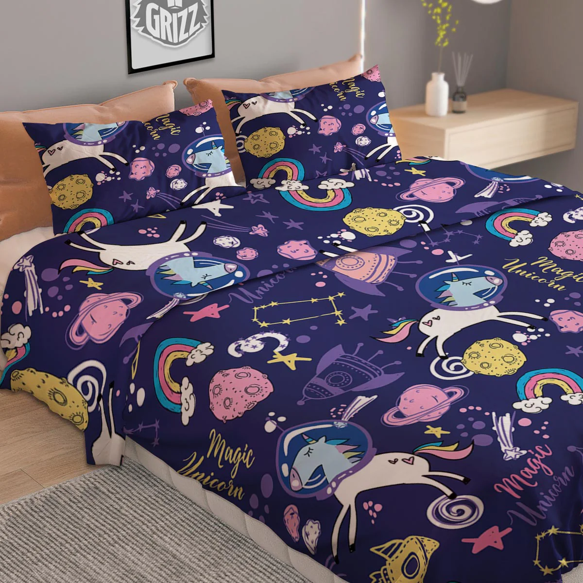 Unicorn Space Astronaut Print Pattern Duvet Cover Bedding Set - Image 2